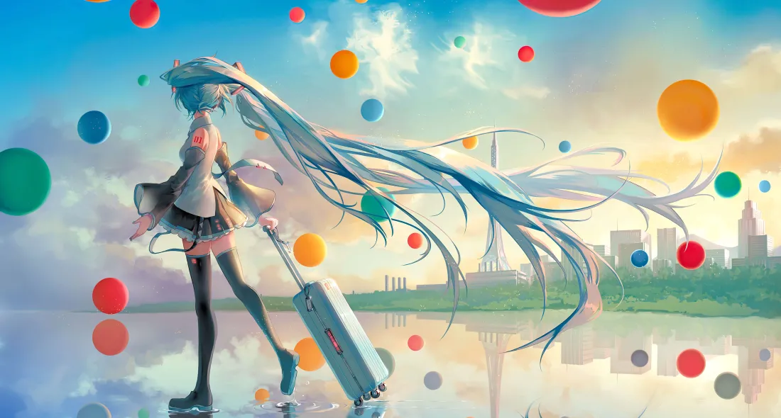 8k初音未来壁纸｜彩色气球背景图片 - 水岸城市远行少女「哲风壁纸」