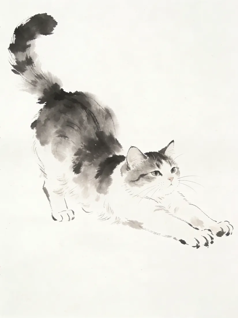 水墨猫手机壁纸｜伸懒腰猫咪背景图片 - 写意国风动物画「哲风壁纸」