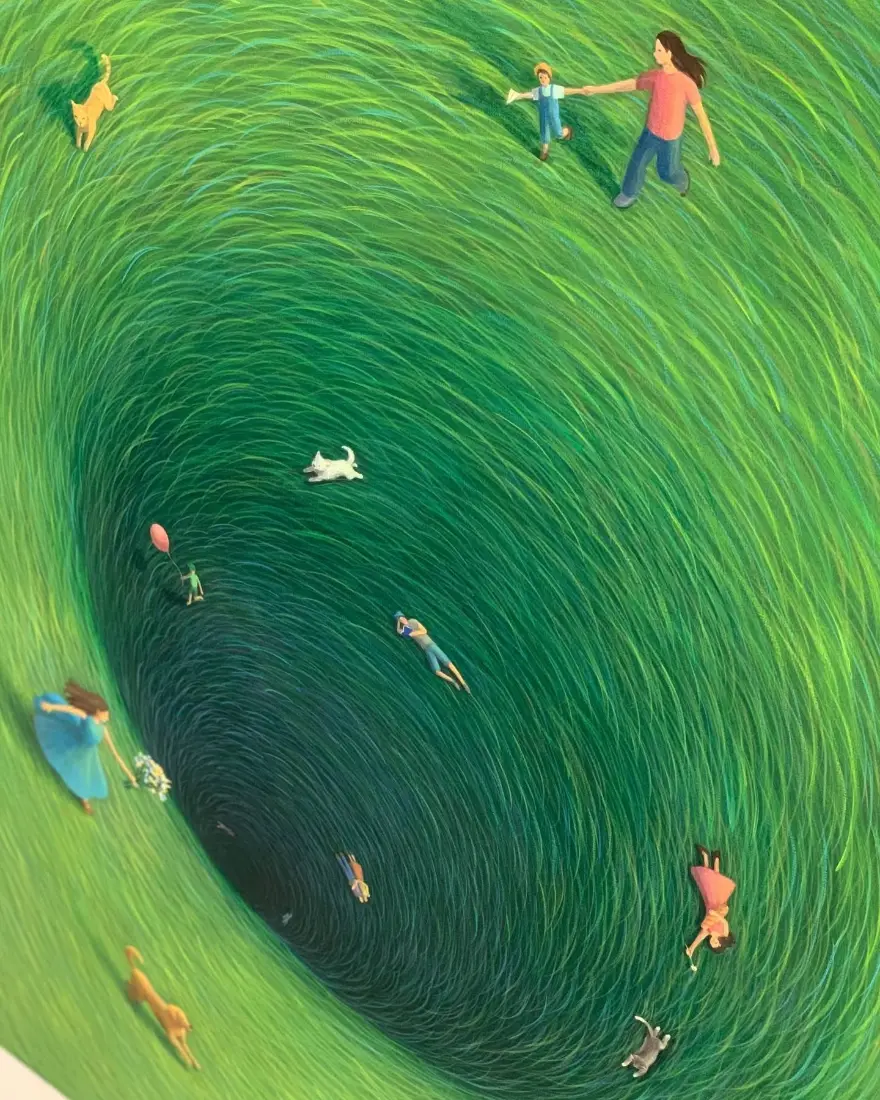夏日草地泳池｜创意插画背景图片 - 亲子动物游泳休闲场景「哲风壁纸」