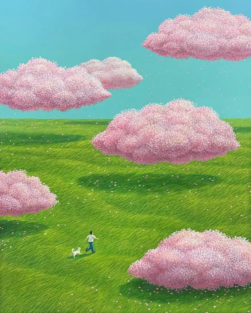 春日草地手机壁纸｜花云背景图片 - 男孩小狗奔跑治愈场景「哲风壁纸」