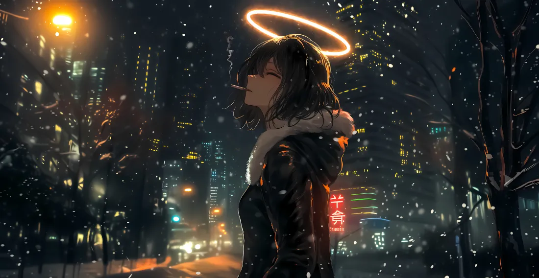 8k都市少女壁纸｜雪夜城市背景图片 - 光环短发黑衣叼烟女孩「哲风壁纸」
