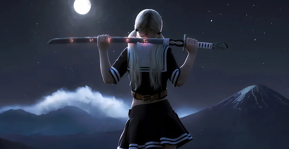 8k学制服少女壁纸｜月夜雪山背景图片 - 扛刀白发酷飒背影「哲风壁纸」
