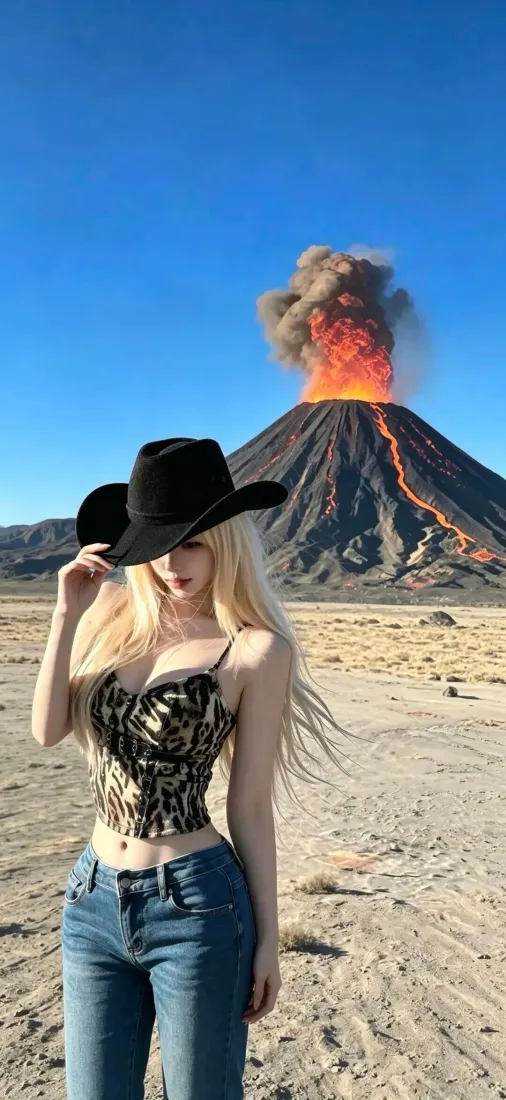 西部风美女手机壁纸｜火山荒漠背景图片 - 豹纹吊带穿搭「哲风壁纸」