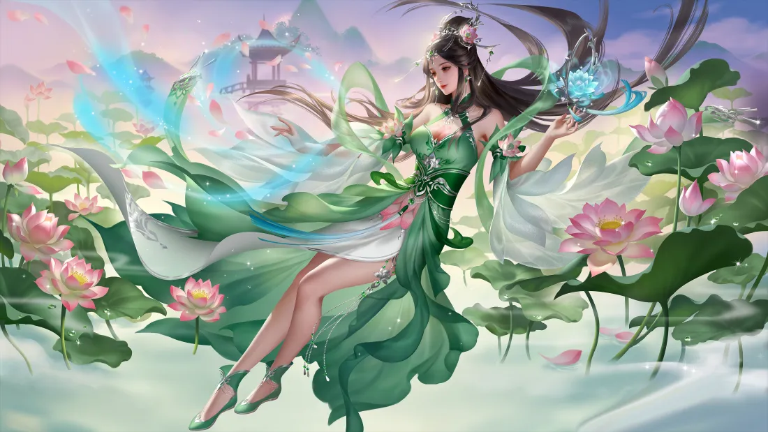 4k三国杀孙寒华壁纸｜古风荷塘背景图片 - 绿裙仙姿荷花立绘「哲风壁纸」