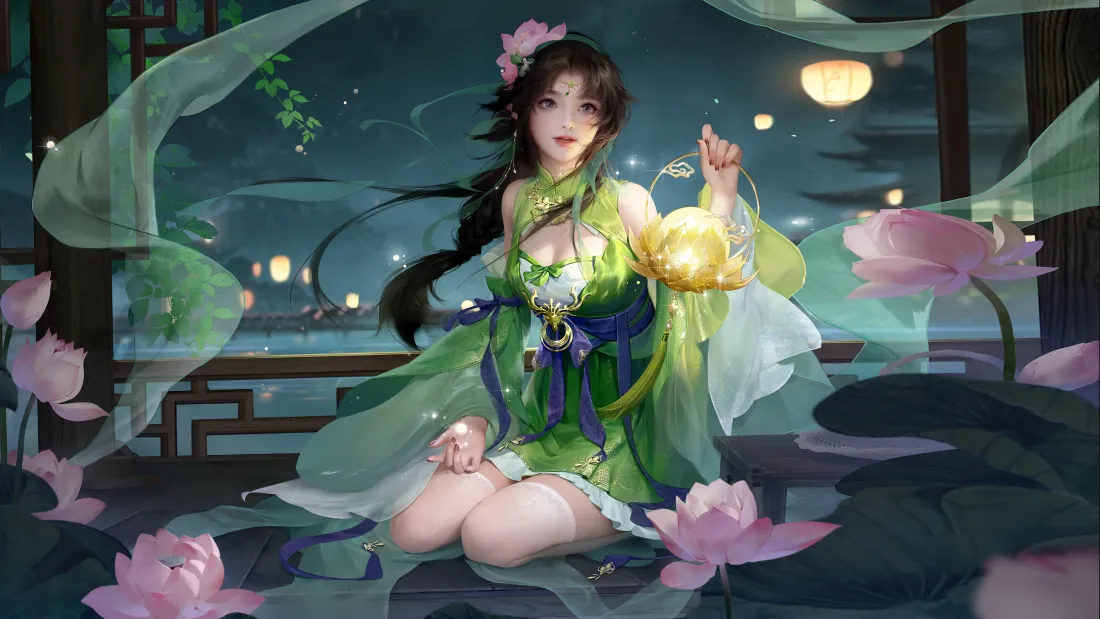 4k三国杀-孙茹壁纸｜荷塘夜景背景图片 - 绿衣荷花古风美女「哲风壁纸」