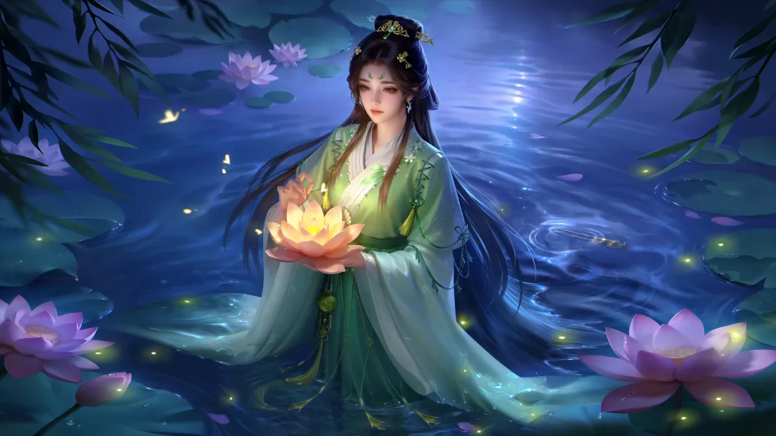 4k三国杀张怀壁纸｜荷灯夜水背景图片 - 绿衣古风「哲风壁纸」