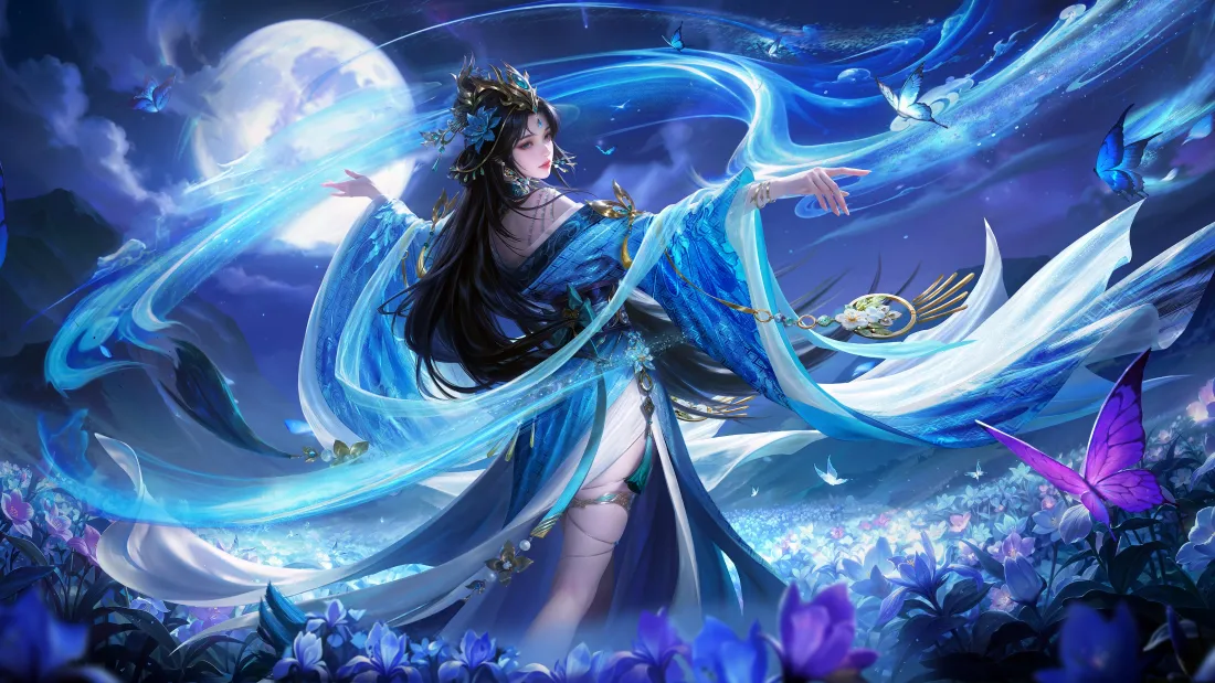 4k名将杀羊献容｜夜阑蝶舞皮肤 - 月夜蓝裙古风「哲风壁纸」