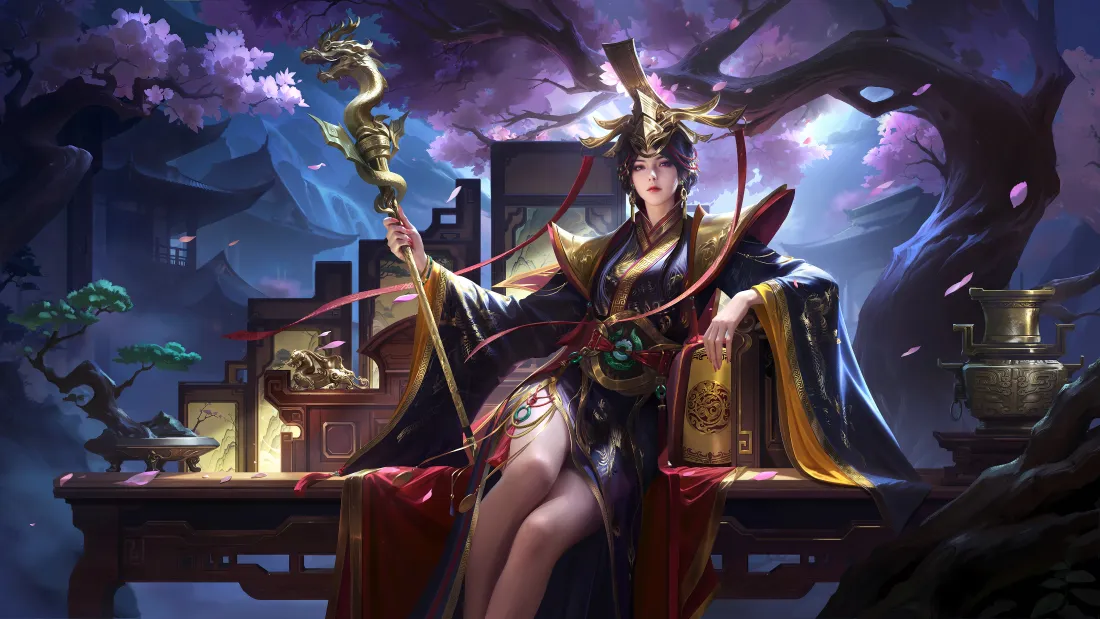 4k名将杀芈八子壁纸｜古风华服背景图片 - 紫花树夜景龙杖「哲风壁纸」