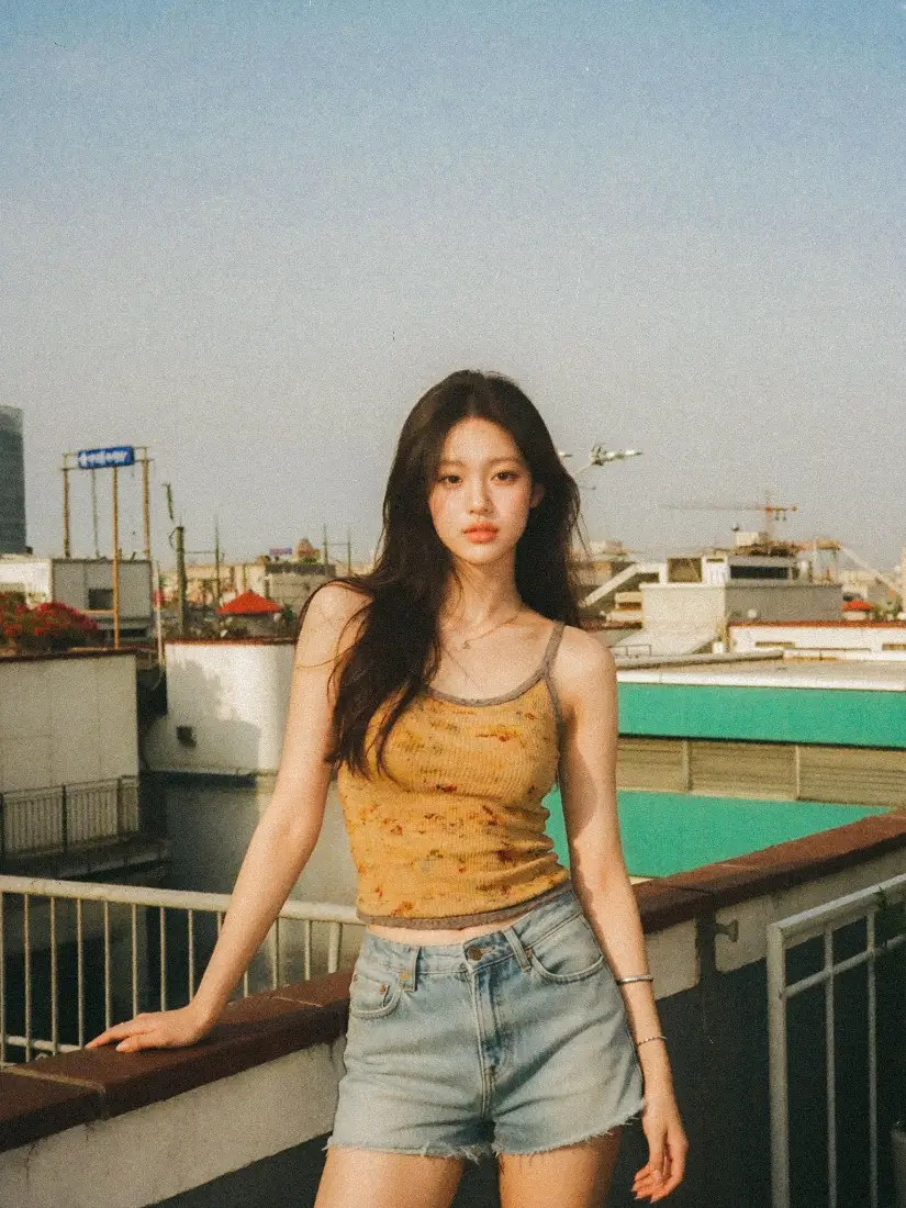 少女手机壁纸｜天台背景图片 - 黄吊带牛仔短裤夏日穿搭「哲风壁纸」