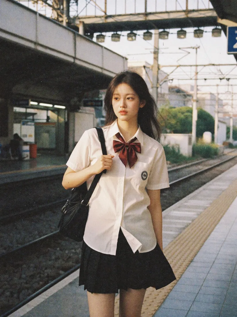 JK少女手机壁纸｜火车站台背景图片 - 学院风穿搭日系写真「哲风壁纸」