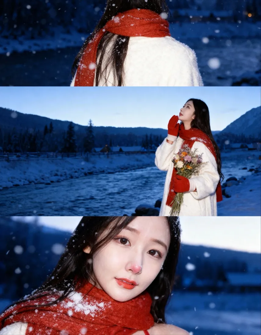 雪景美女手机壁纸｜冬日户外背景图片 - 红围巾白大衣捧花「哲风壁纸」
