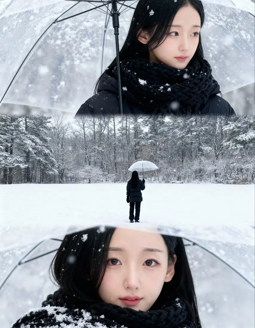 清纯女生手机壁纸｜雪天撑伞背景图片 - 雪地树林三宫格人像「哲风壁纸」