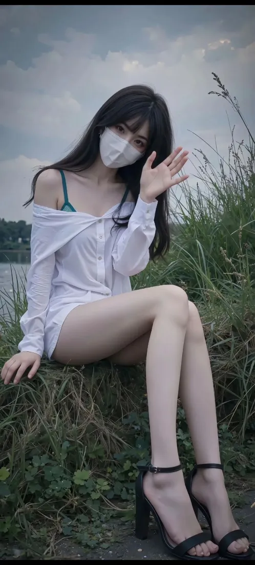 白衬衫口罩美女手机壁纸｜户外草地背景图片 - 长腿御姐写真「哲风壁纸」