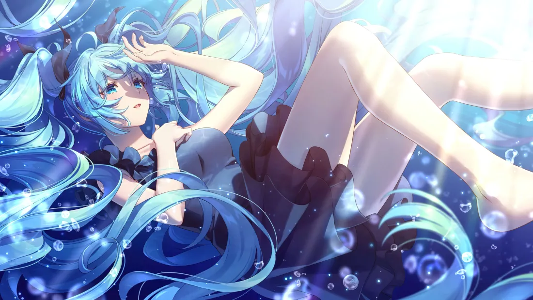 7k初音未来壁纸｜水中光影背景图片 - 气泡双马尾少女「哲风壁纸」