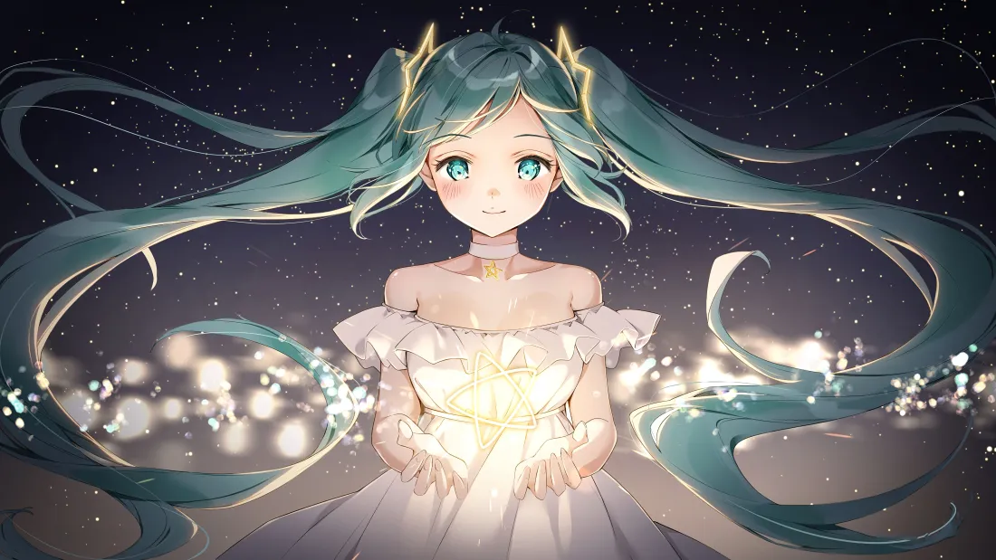 8k初音未来壁纸｜星空背景图片 - 白裙双马尾少女「哲风壁纸」