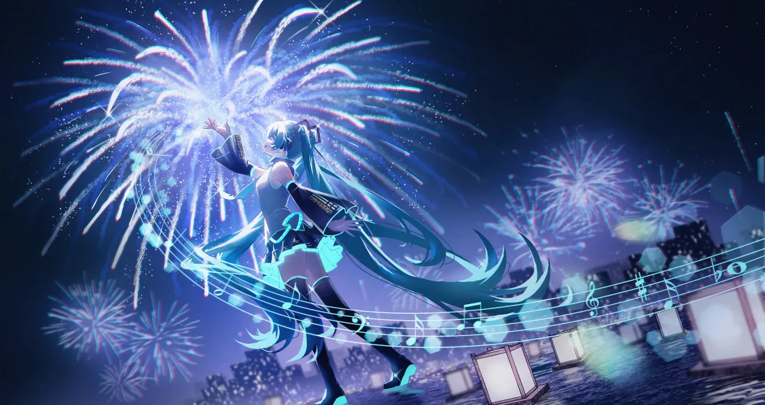 4k初音未来壁纸｜夜空烟花背景图片 - 和风灯笼蓝发少女「哲风壁纸」