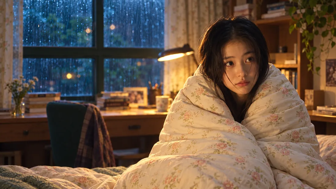 4k我的妹妹不可爱壁纸｜雨夜卧室背景图片 - 林一一裹被居家场景「哲风壁纸」