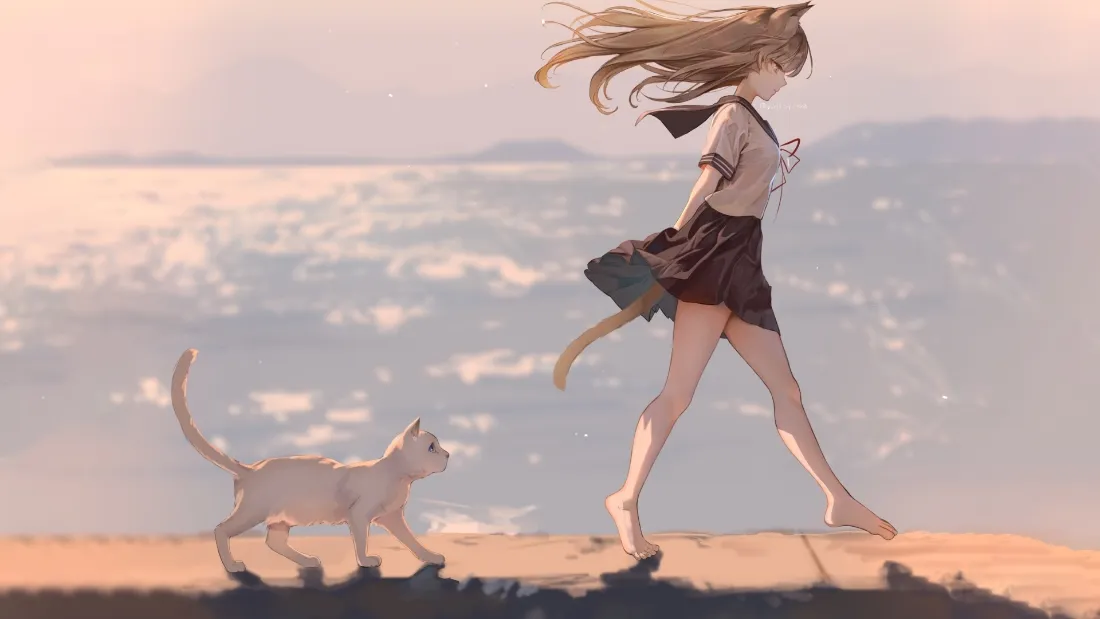 2k猫耳少女壁纸｜海边背景图片 - 水手服猫咪日系治愈「哲风壁纸」