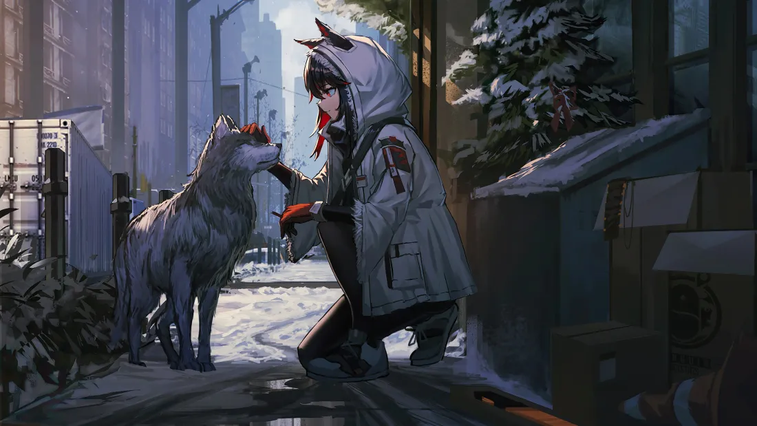 4k狼耳兜帽少年｜冬日街景背景图片 - 雪地灰狼互动「哲风壁纸」