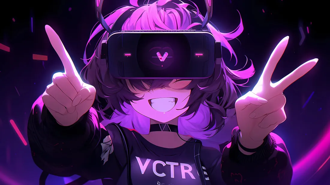 4k紫发少女壁纸｜赛博风背景图片 - 戴VR眼镜比耶「哲风壁纸」