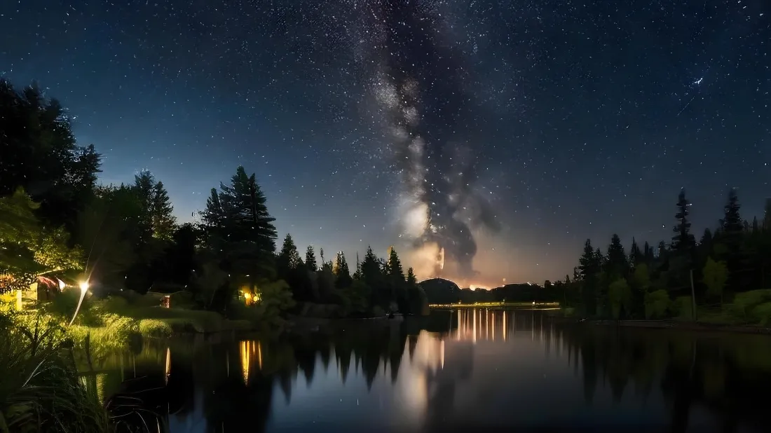 5k湖畔银河夜景壁纸｜林间灯火背景图片 - 星空「哲风壁纸」