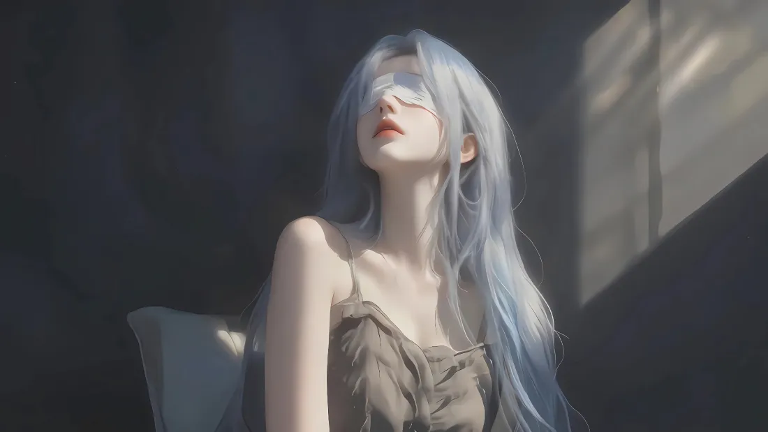 4k眼罩｜银发少女暗黑风背景图片 - 吊带穿搭插画「哲风壁纸」