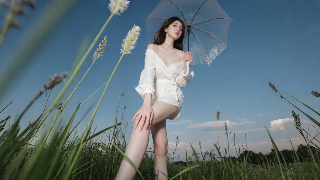 4k白裙美女壁纸｜草地蓝天背景图片 - 透明伞低角度人像「哲风壁纸」