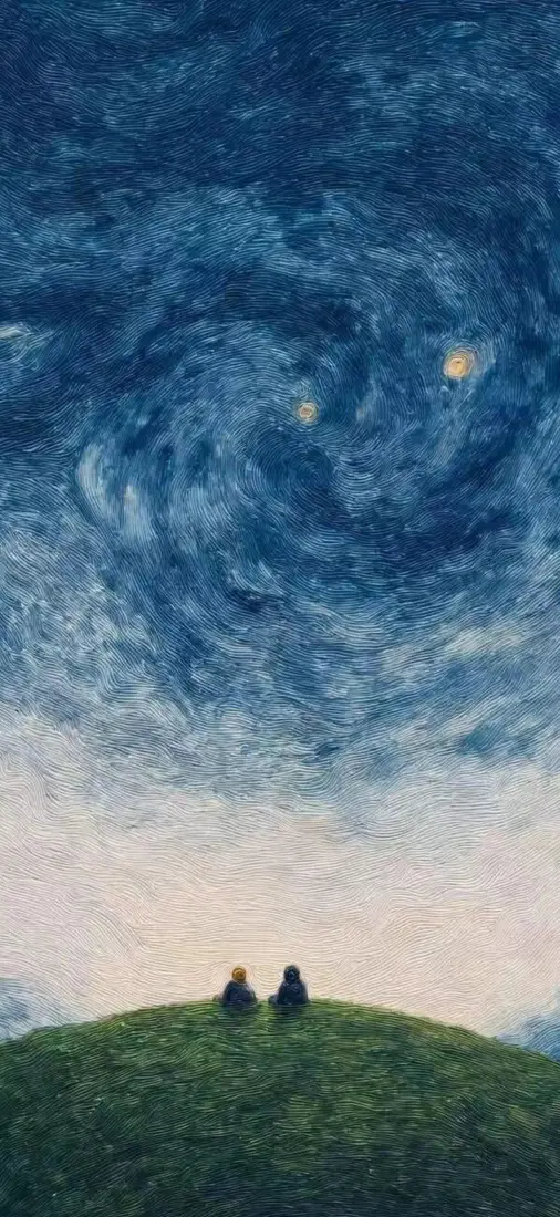 星空草坡绘画｜浪漫夜空背景图片 - 山顶两人观景「哲风壁纸」