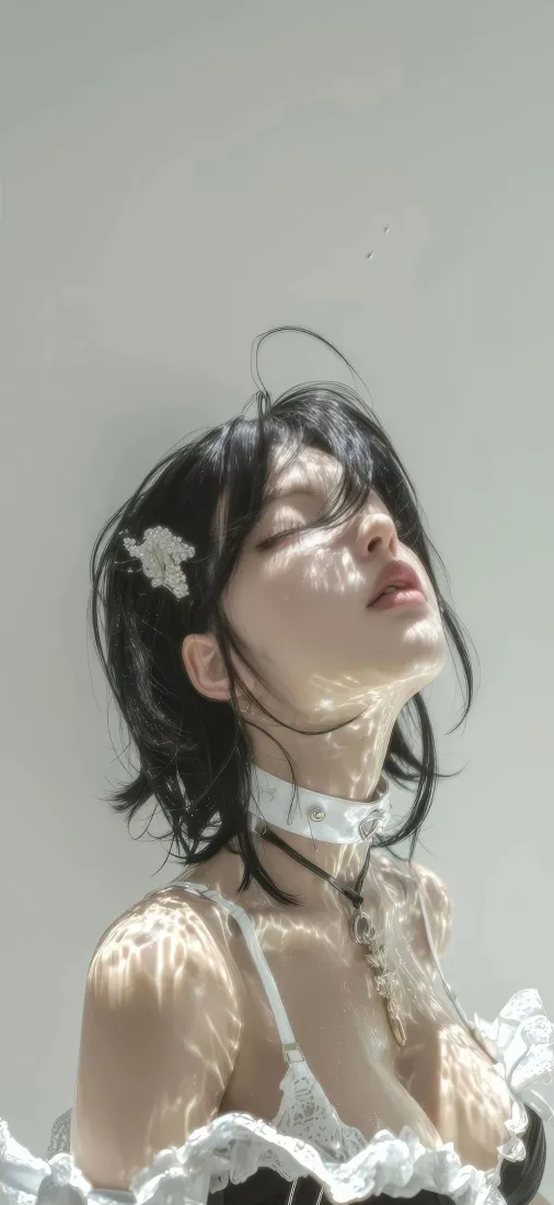 黑短发女仆装美女手机壁纸｜光影写真背景图片 - 闭眼氛围感少女「哲风壁纸」