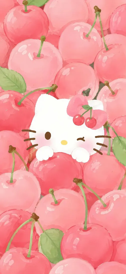 凯蒂猫手机壁纸｜樱桃背景图片 - 可爱卡通粉色插画「哲风壁纸」