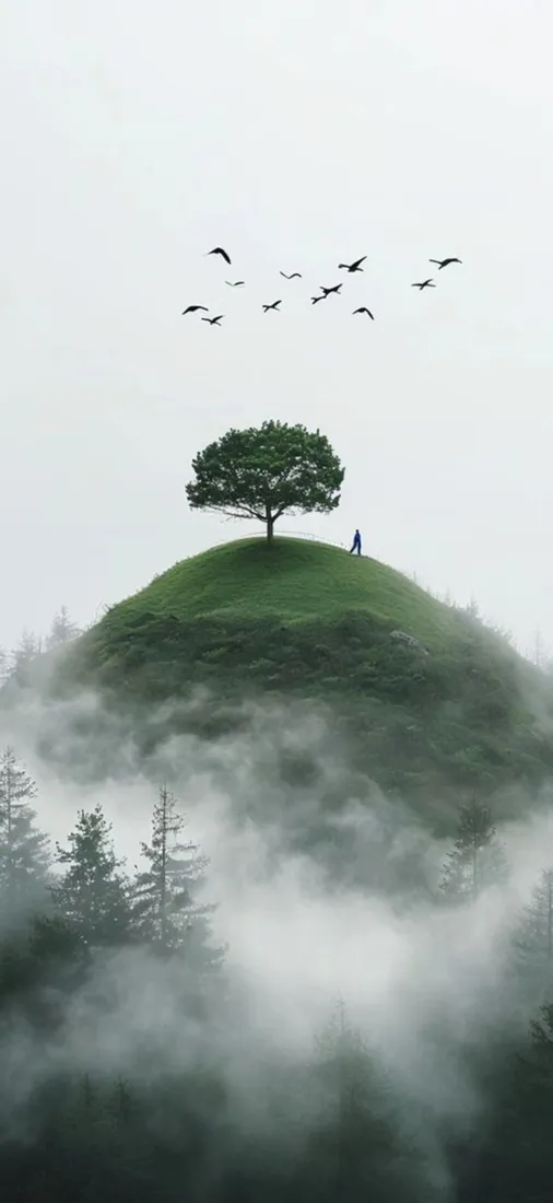 山丘孤树手机壁纸｜雾中飞鸟背景图片 - 山林意境「哲风壁纸」