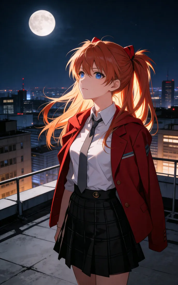 明日香手机壁纸｜满月天台夜景 - 红发JK制服少女背景图片「哲风壁纸」
