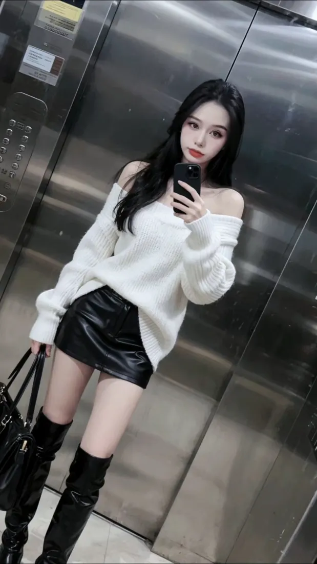 电梯自拍美女手机壁纸｜背景图片 - 黑白穿搭长靴辣妹「哲风壁纸」