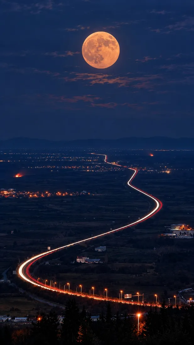 超级月亮手机壁纸｜夜景公路背景图片 - 车轨光河向远方延伸「哲风壁纸」