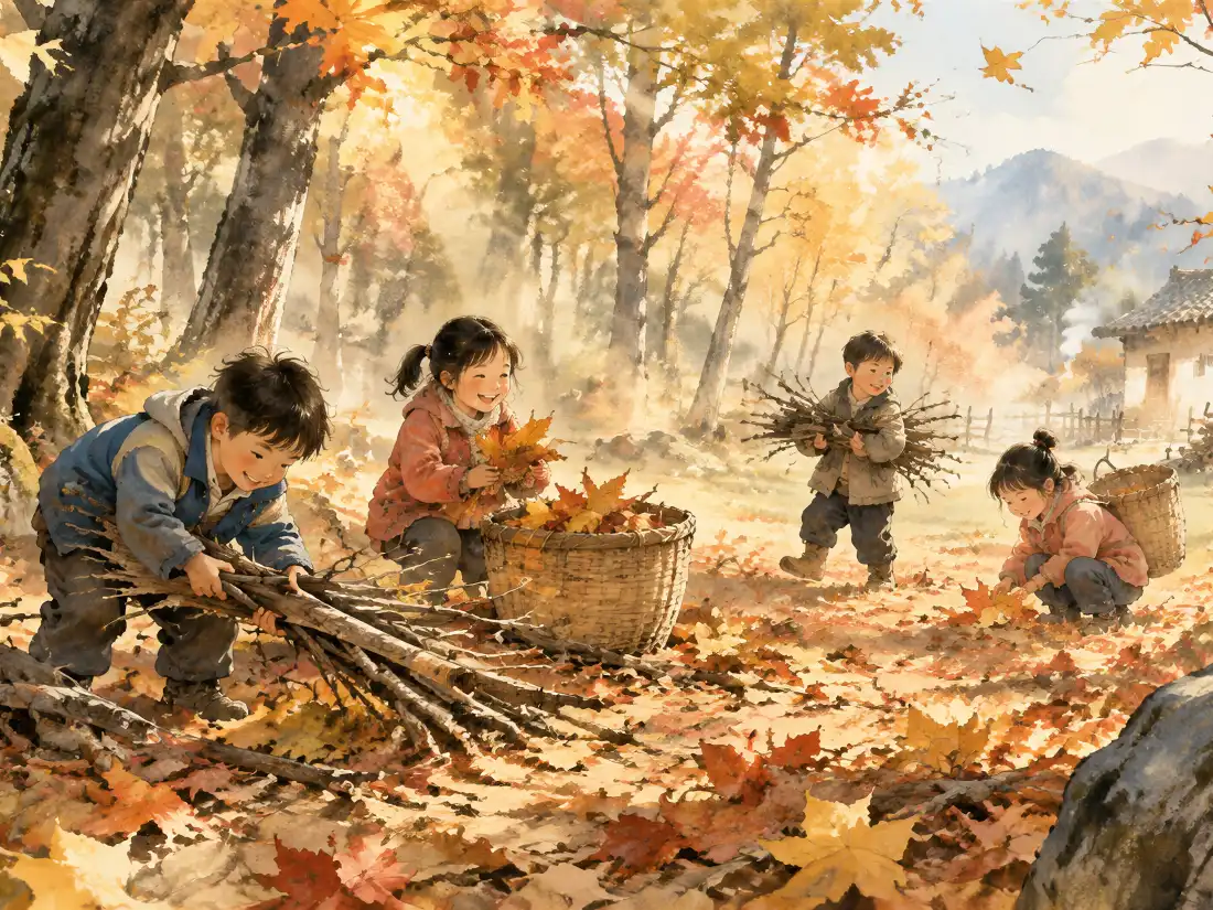 6k秋日孩童拾柴壁纸｜乡村童趣背景图片 - 暖黄枫林「哲风壁纸」