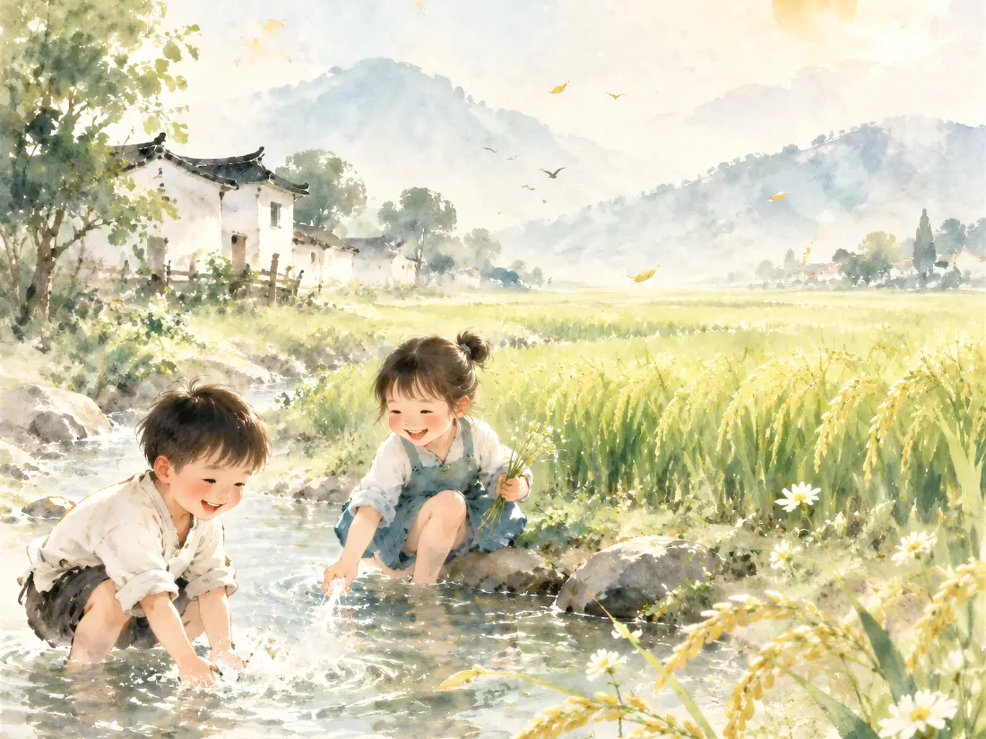 4k童趣孩童戏水壁纸｜乡村稻田小溪背景图片 - 夏日治愈田园插画「哲风壁纸」