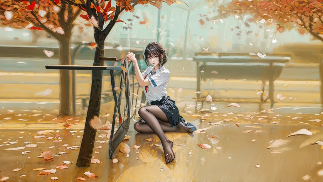 4kJK制服少女壁纸｜秋日红叶公园背景图片 - 黑丝秋千二次元插画「哲风壁纸」