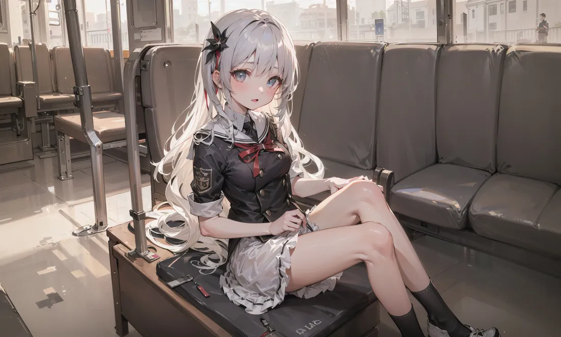 4k银发少女壁纸｜列车车厢背景图片 - 黑制服短裙坐姿「哲风壁纸」