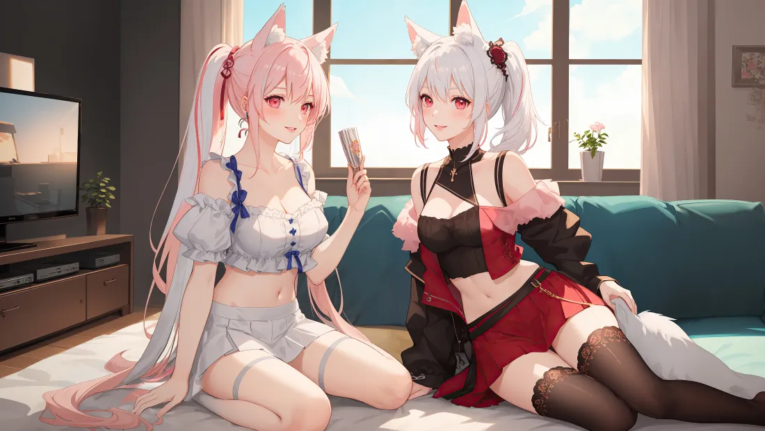 4k猫耳少女｜双生猫耳少女居家背景图片 - 粉白发色红瞳「哲风壁纸」
