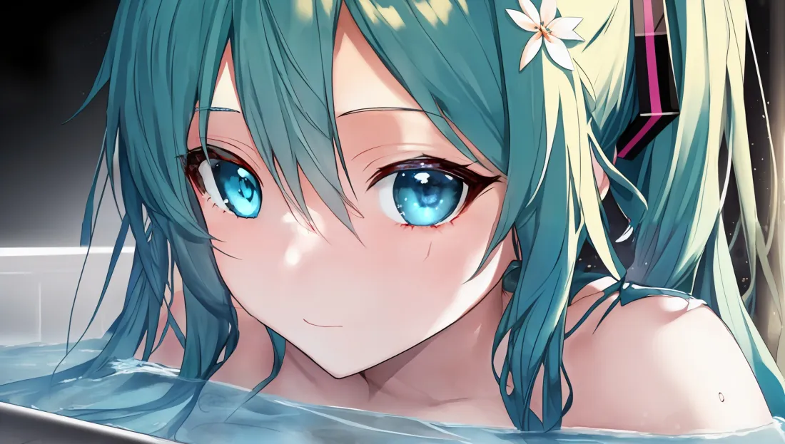 3k初音未来壁纸｜浴缸泡澡背景图片 - 蓝发双马尾少女「哲风壁纸」