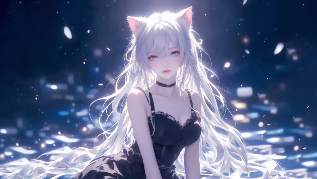 4k猫耳白发少女壁纸｜二次元背景图片 - 吊带裙水面光斑「哲风壁纸」