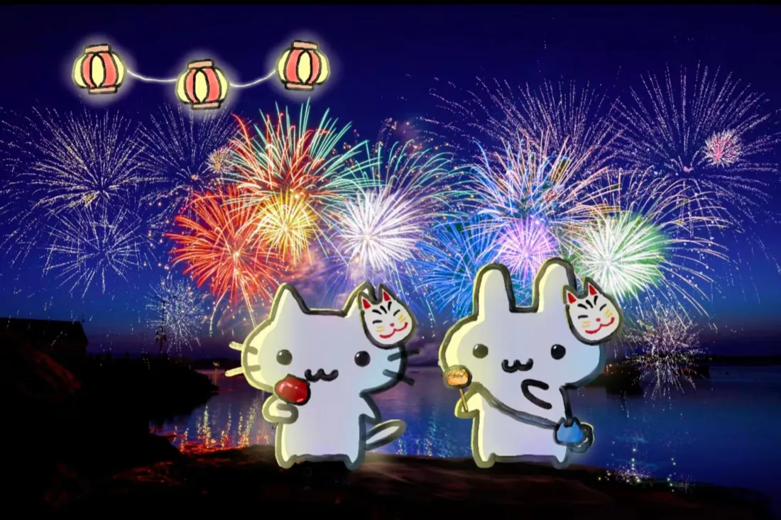 2k卡通猫兔壁纸｜背景图片 - 花火大会夏日祭烟花夜景「哲风壁纸」