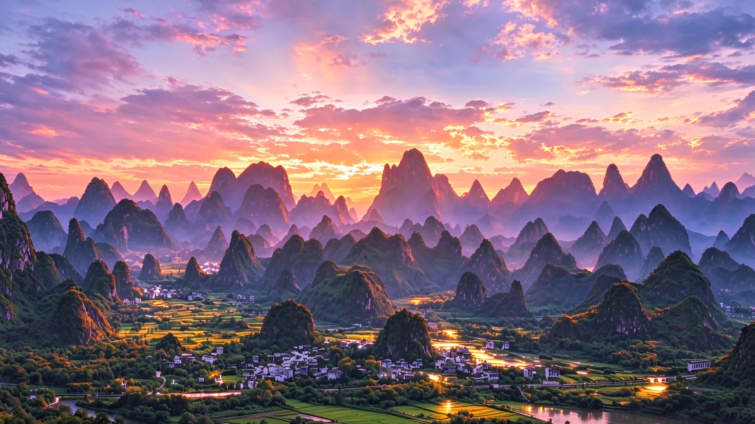 3k桂林山水壁纸｜千里江山图背景图片 - 喀斯特峰林晚霞「哲风壁纸」