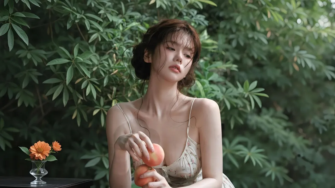 4k吊带美女壁纸｜树林背景图片 - 手持桃子氛围感写真「哲风壁纸」