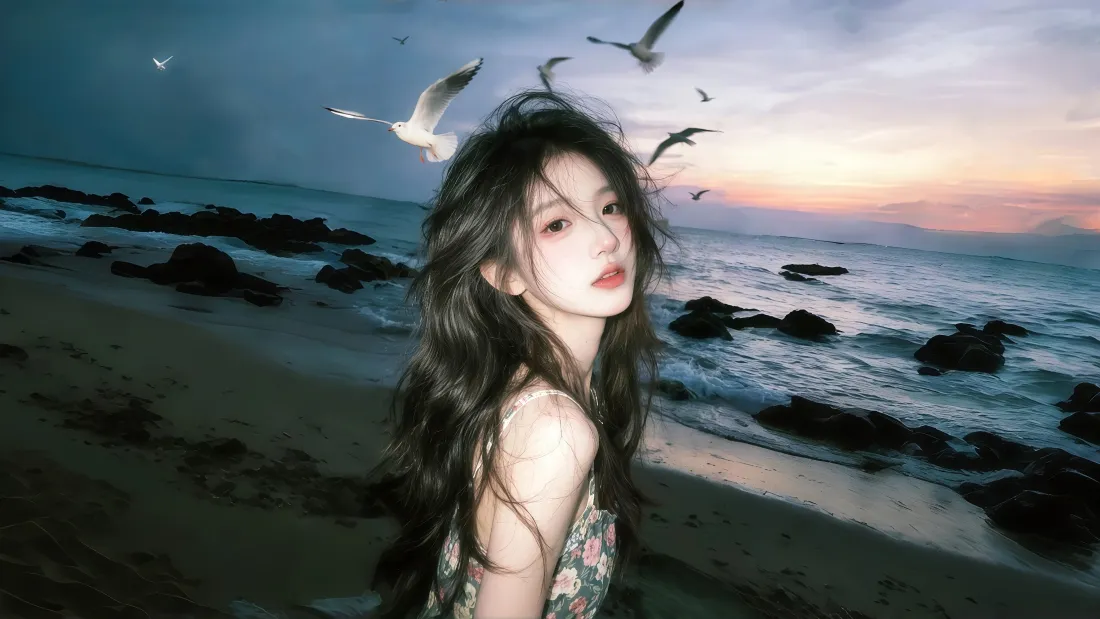 3k海边美女壁纸｜黄昏沙滩背景图片 - 海鸥海浪氛围感写真「哲风壁纸」