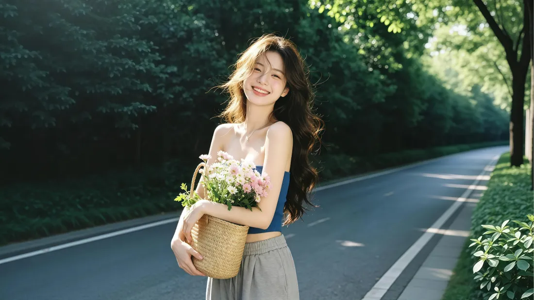 4k氧气美女壁纸｜林荫公路背景图片 - 抱花篮少女「哲风壁纸」