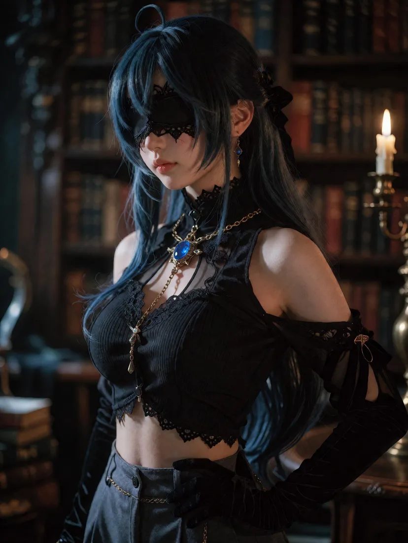 蒙眼暗黑女神手机壁纸｜背景图片 - 蓝发哥特cosplay少女「哲风壁纸」