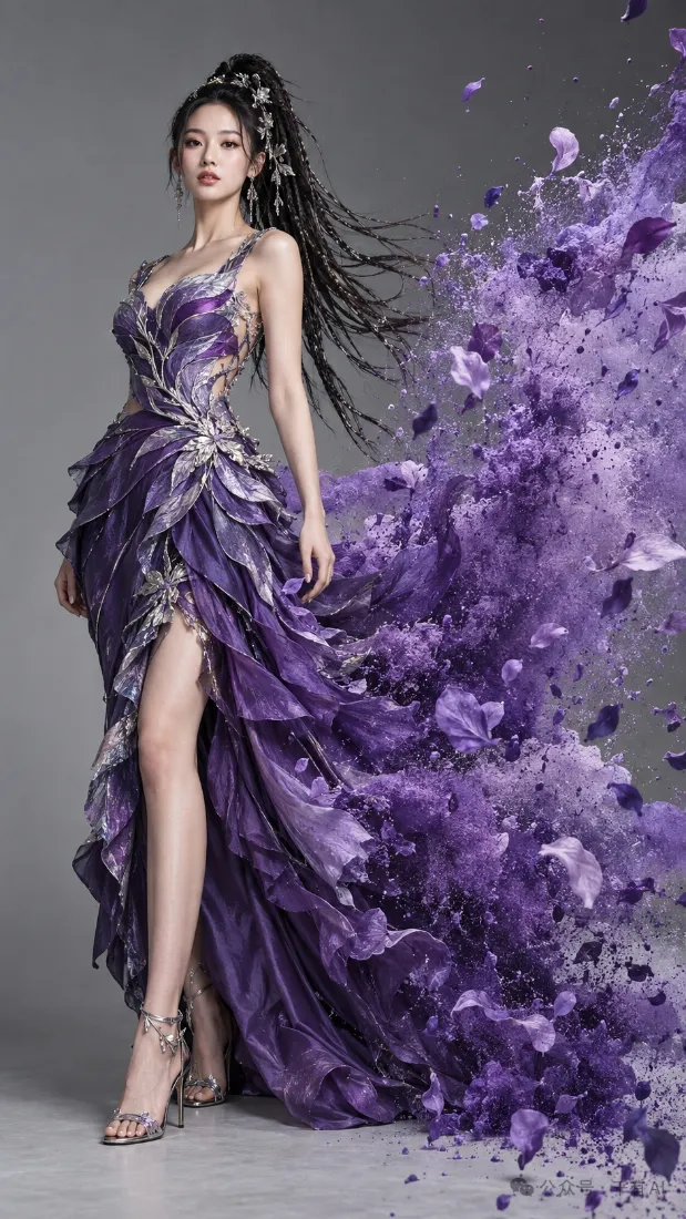 AI紫裙女神手机壁纸｜梦幻拖尾礼服背景图片 - 紫色水花特效「哲风壁纸」