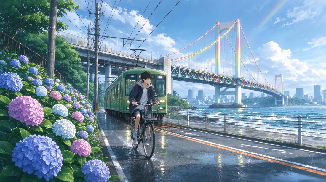 4k二次元少年骑行｜海滨雨后街道背景图片 - 绣球花列车彩虹大桥「哲风壁纸」