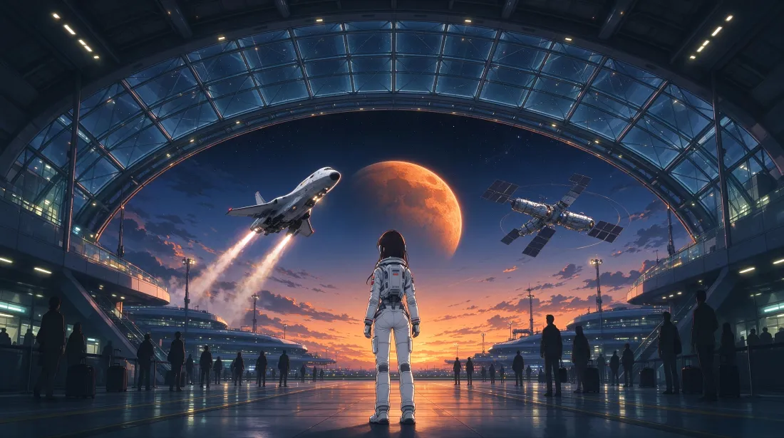 4k二次元科幻太空港｜宇航员背影背景图片 - 橙月航天飞机「哲风壁纸」
